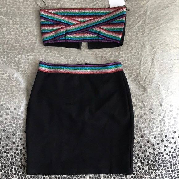 New bandage black dress set crop top and skirt rainbow sparkly REVOLVE 2pc Small - Picture 3 of 4